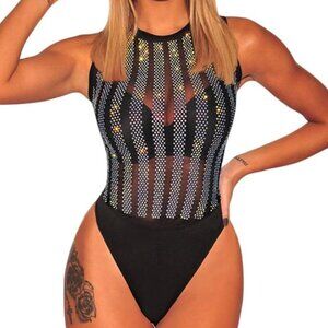 SEBOWEL Women Long Sleeves Mesh See Through Jumpsuit Bodysuit Top Leotard